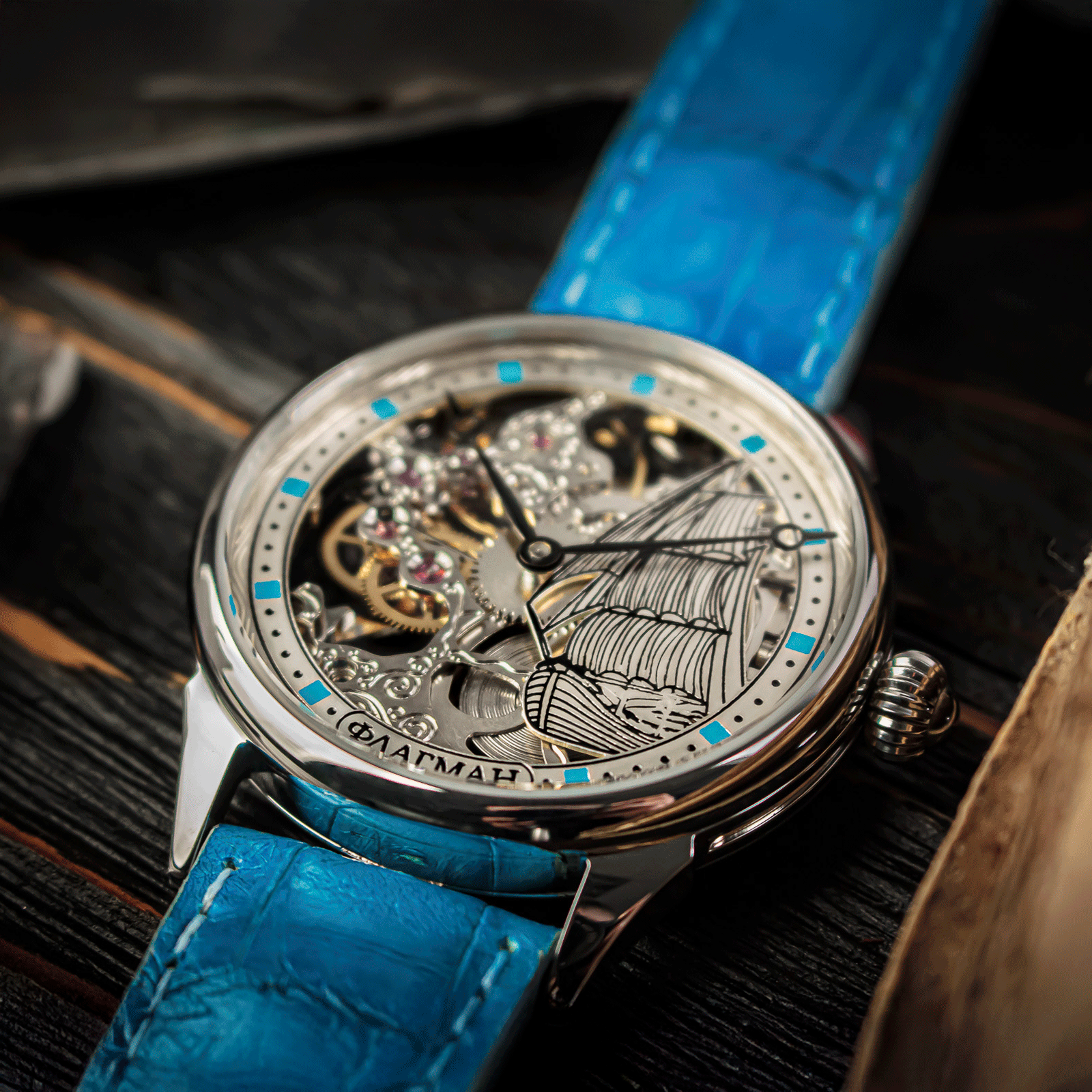 Front view of handmade watch – Skeleton watch
