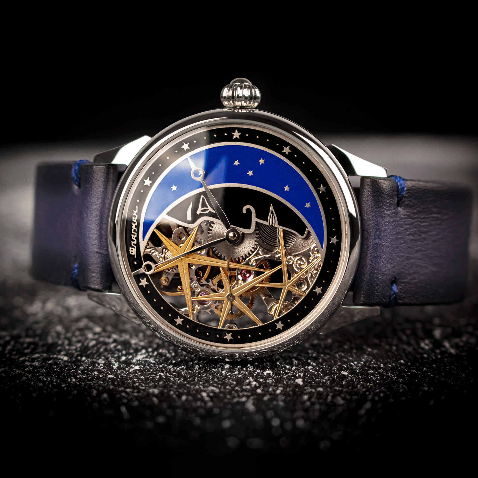 Lifestyle photo of Moon watch in handmade watch – Space skeleton watch