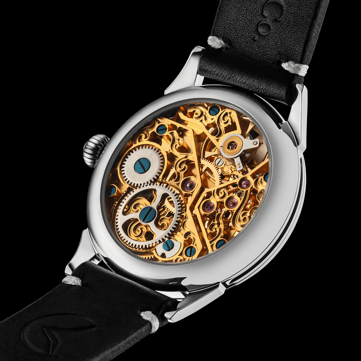 Rear view of skeleton watch showing open caseback and movement
