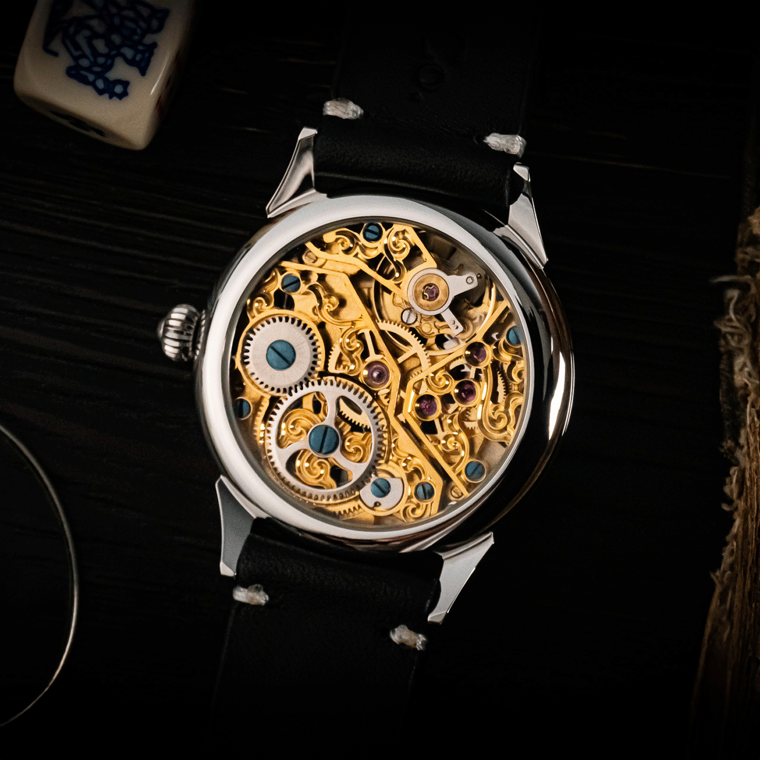 Rear view of Rose Royale showing skeleton caseback and manual winding movement