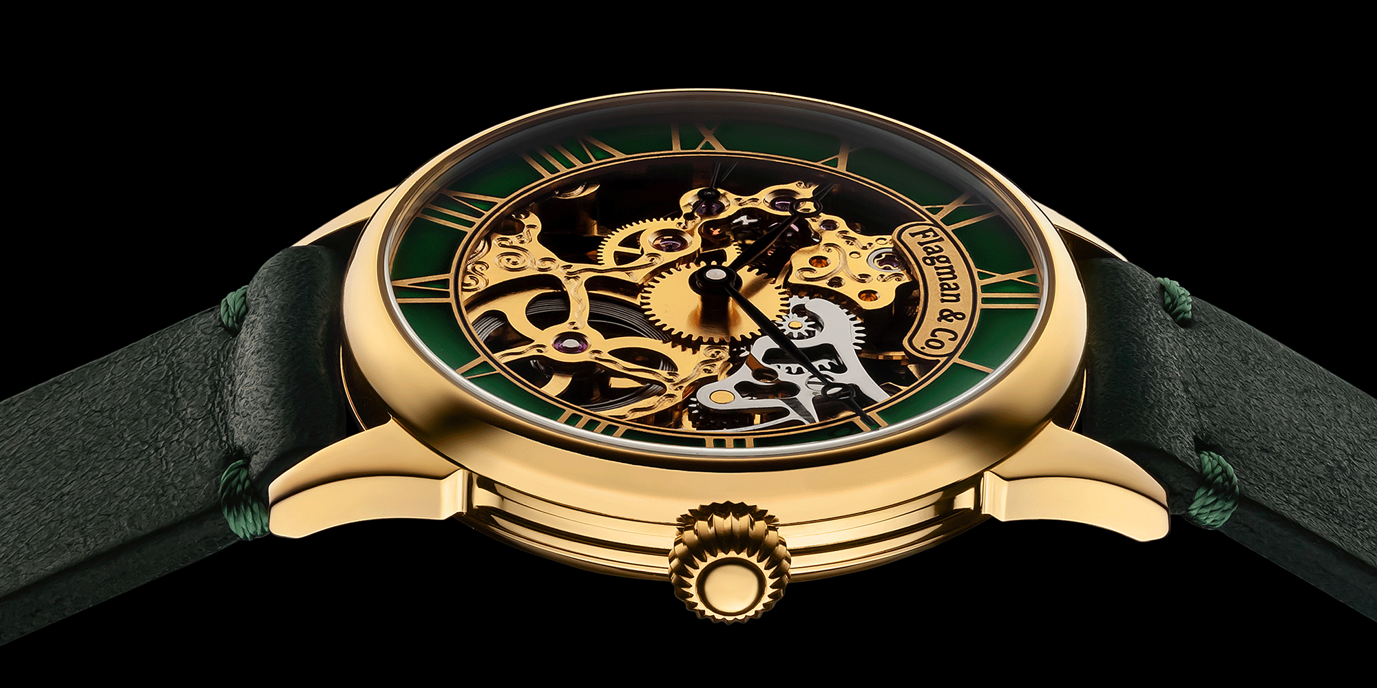 Skeleton watch with gold case and green face on black background