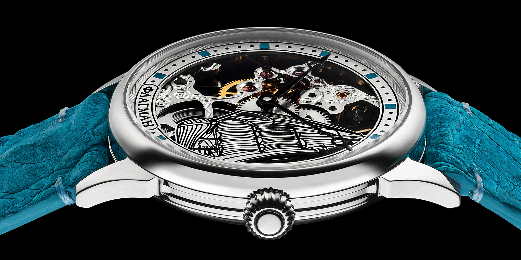 Close-up of skeleton mechanical watch crown