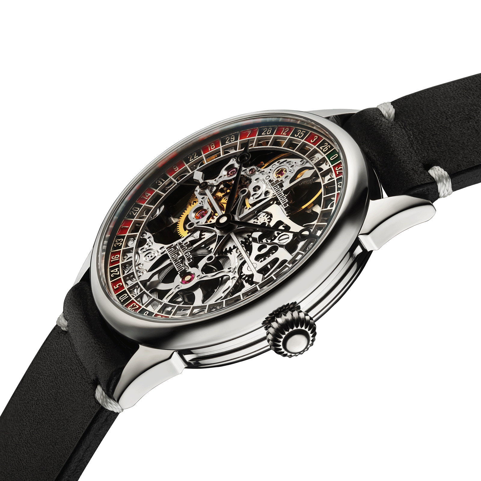 Close-up of handmade roulette watch with side crown and detailed case finish