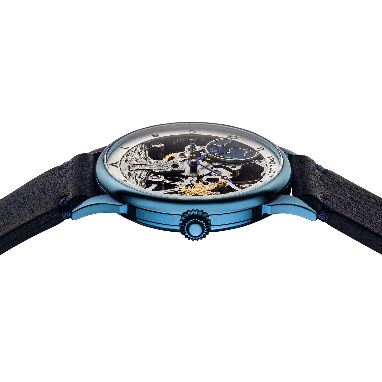 Close-up of Masterpiece watch with side crown and detailed case