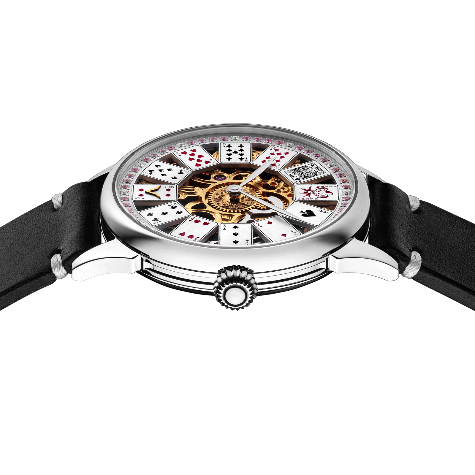 Close-up of Luxury casino watch with side crown and detailed case finish