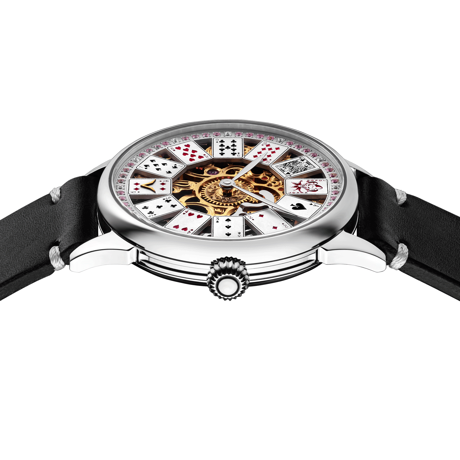 Close-up of Luxury casino watch with side crown and detailed case finish