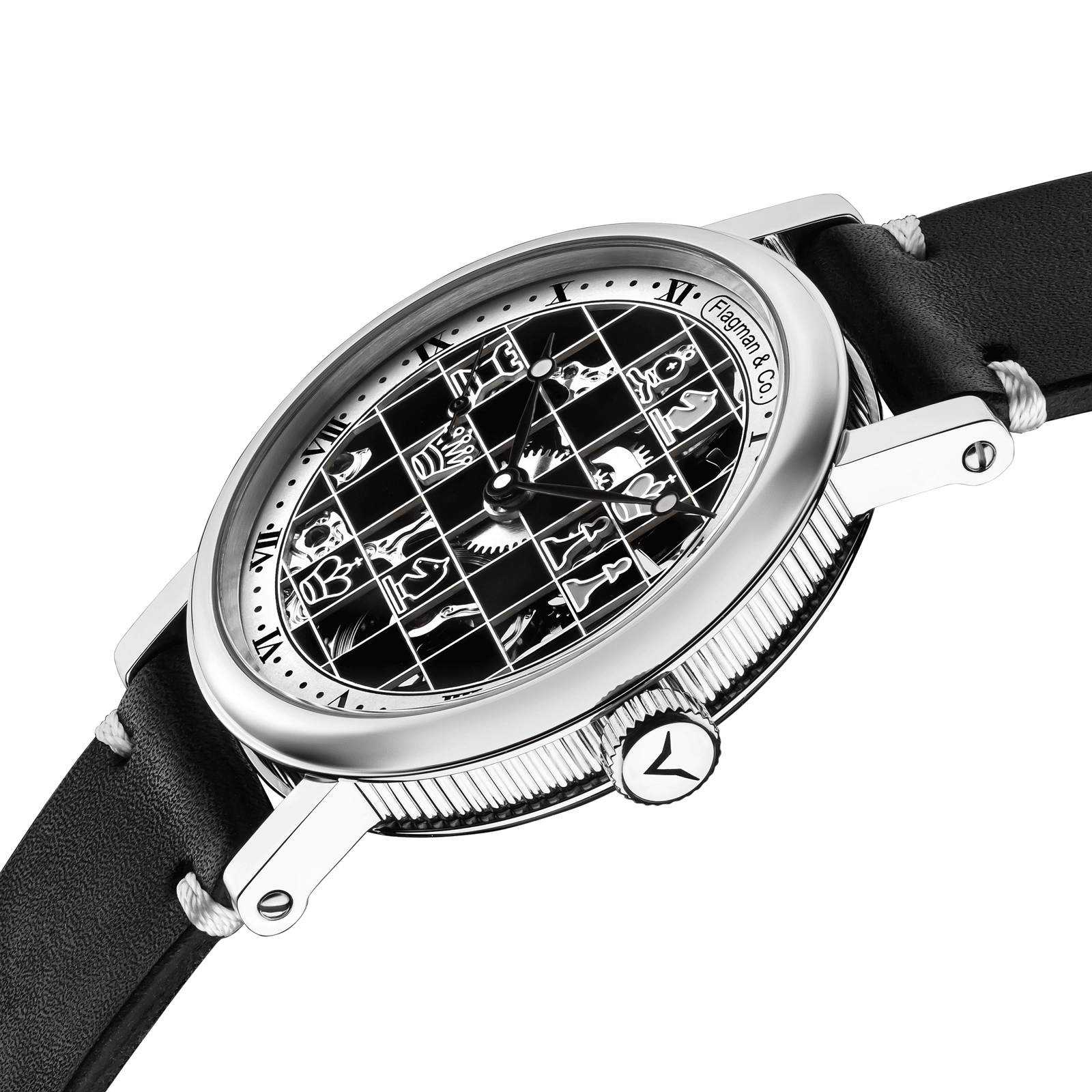 Close-up of Chess watch with side crown and detailed case finish