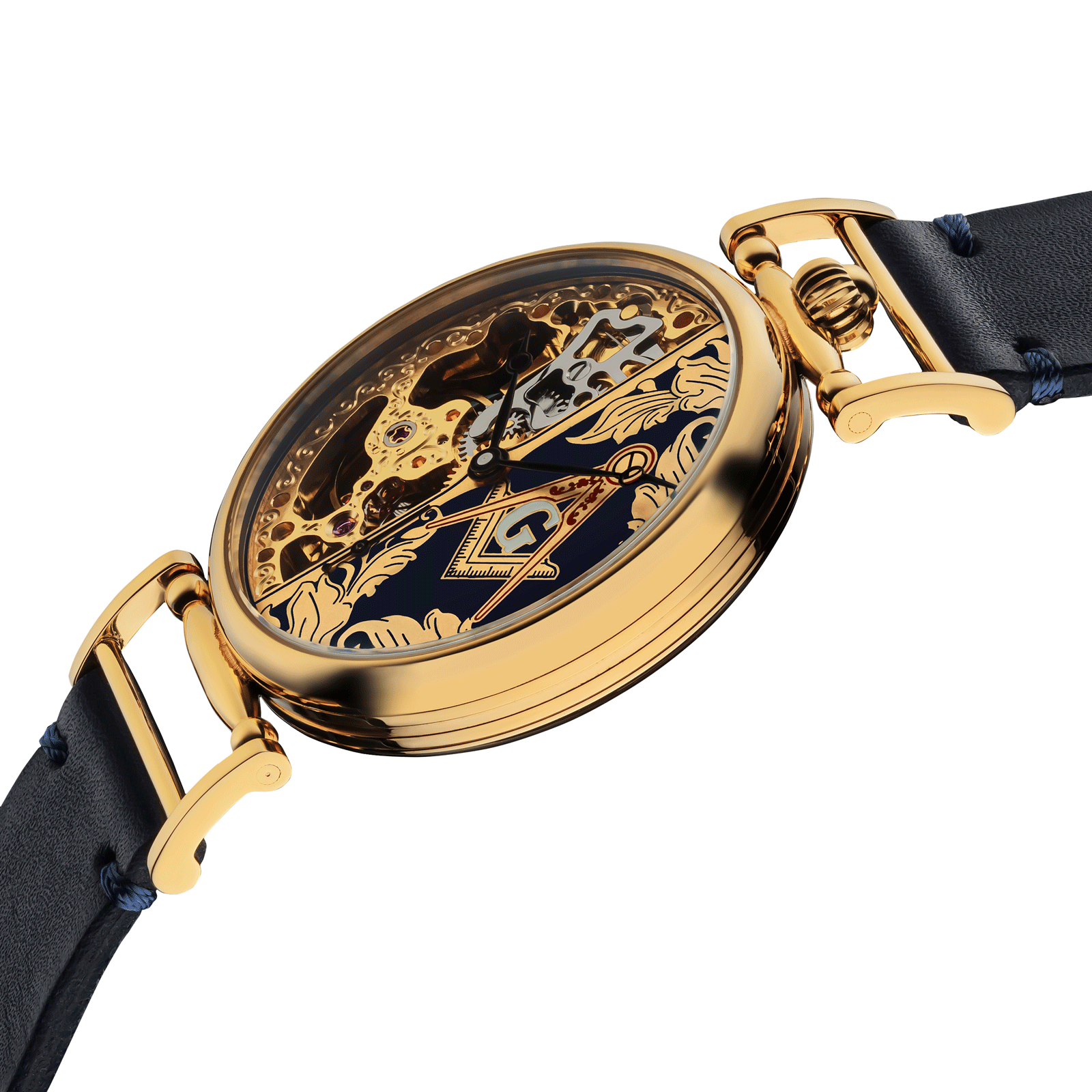 Close-up of Freemason watch with side crown and detailed case finish