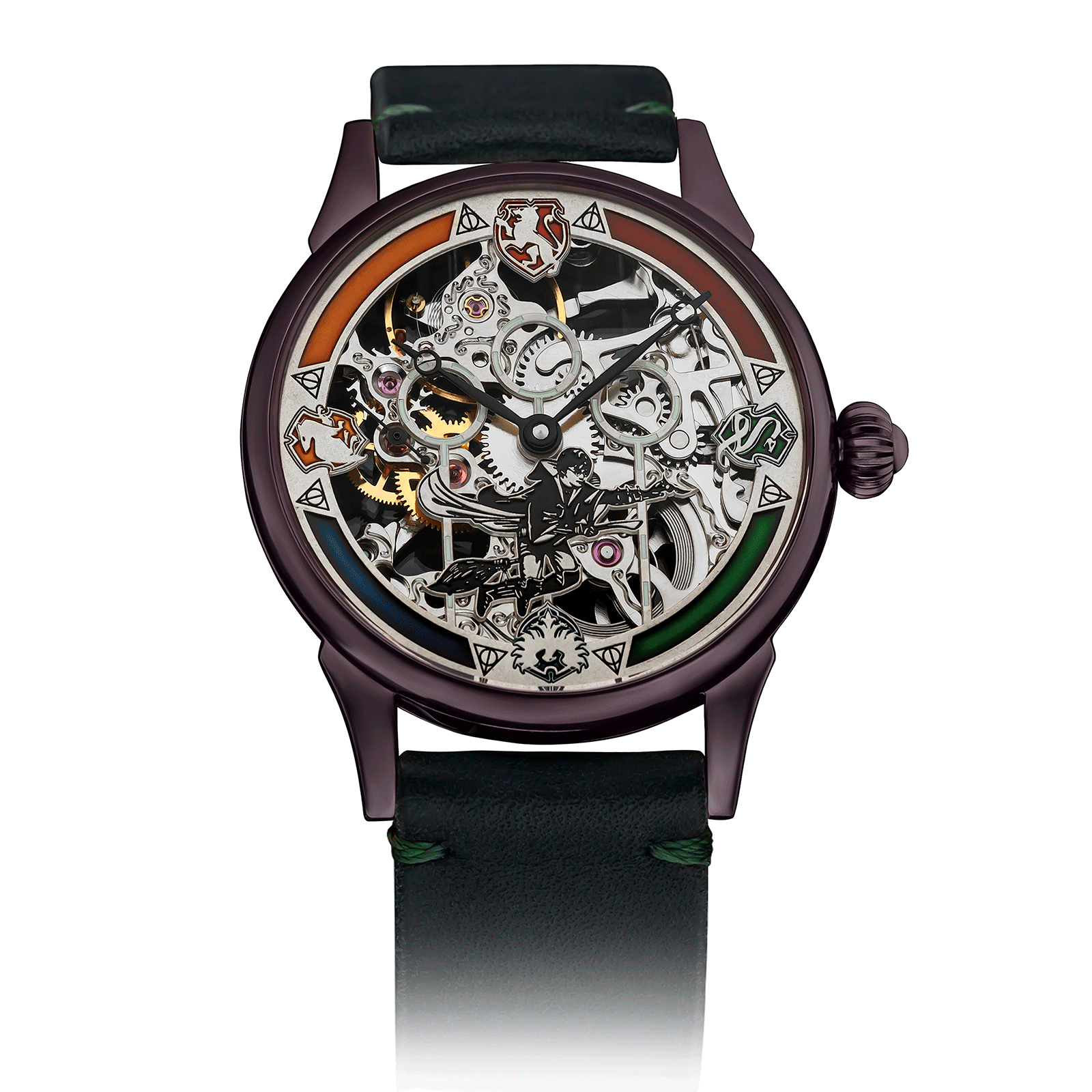 Quidditch watch with Green Leather Strap – Skeleton Watch #color_green