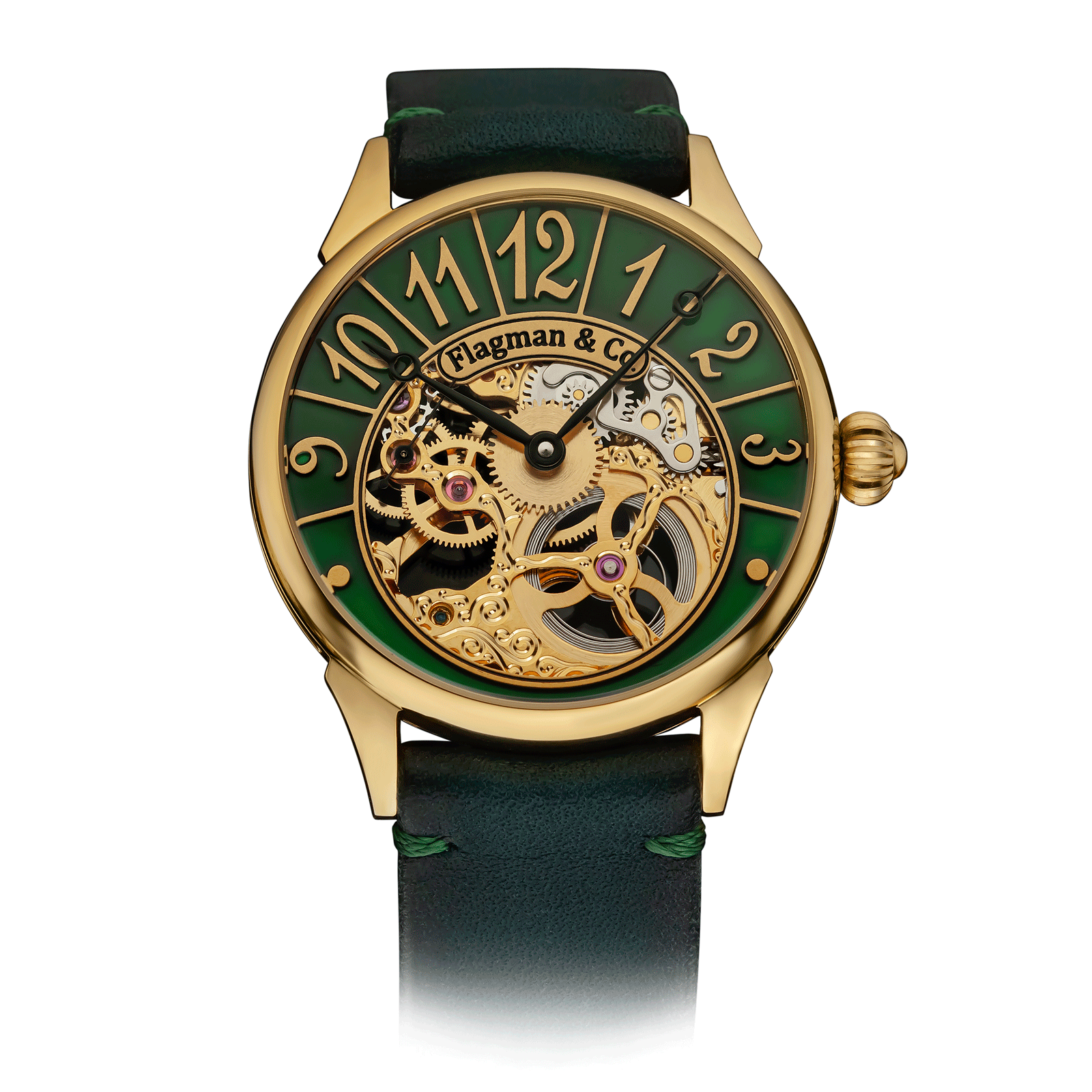 Emerald Arc watch with Green Leather Strap – Skeleton Watch #color_green