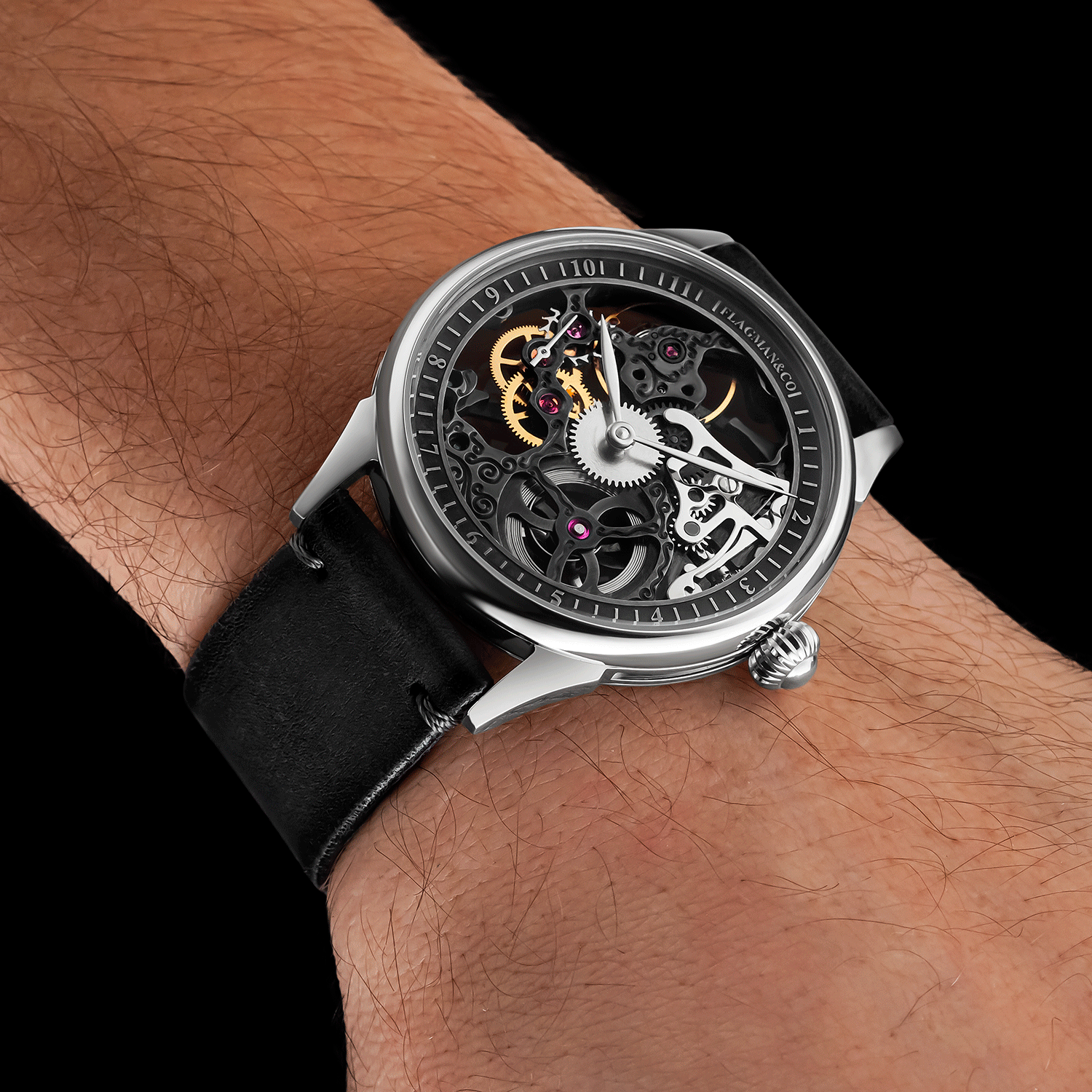 Front view of steampunk watch worn on wrist