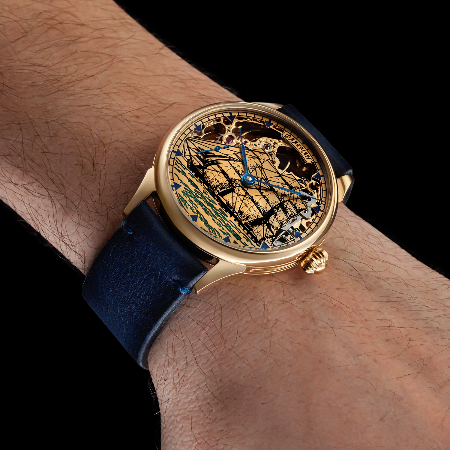 Front view of skeleton watch worn on wrist