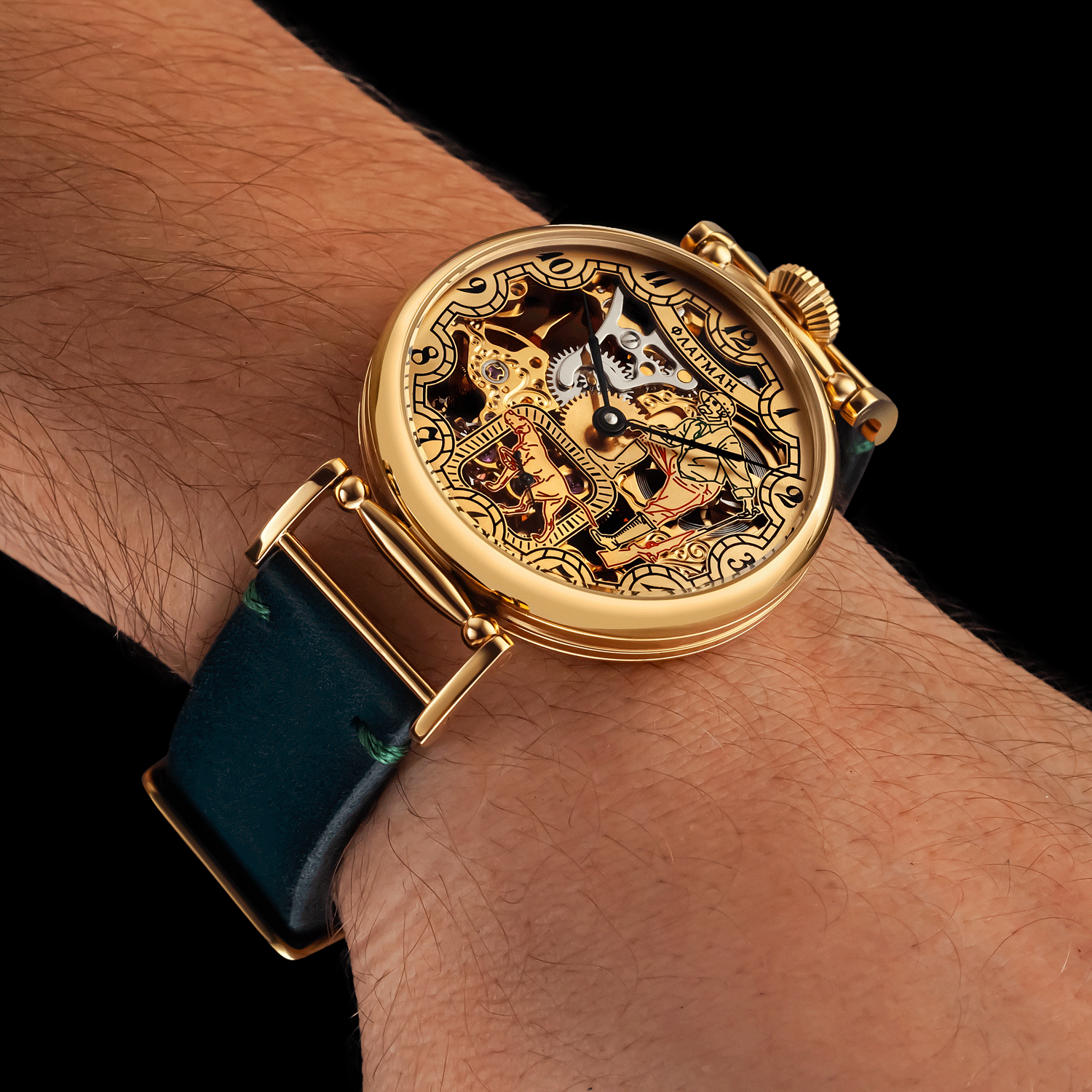 Front view of skeleton watch worn on wrist - Hunter watch