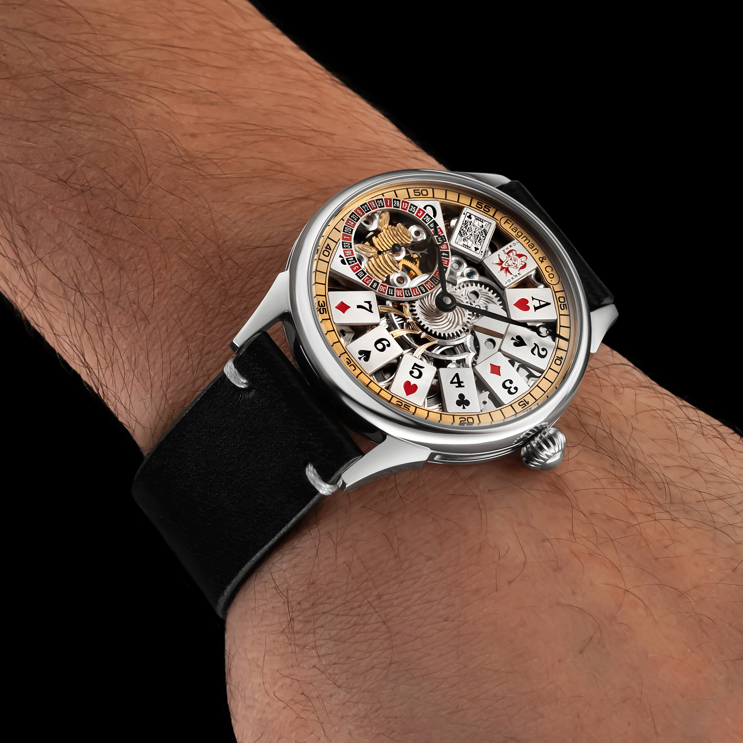 Front view of skeleton watch worn on wrist – casino-inspired design