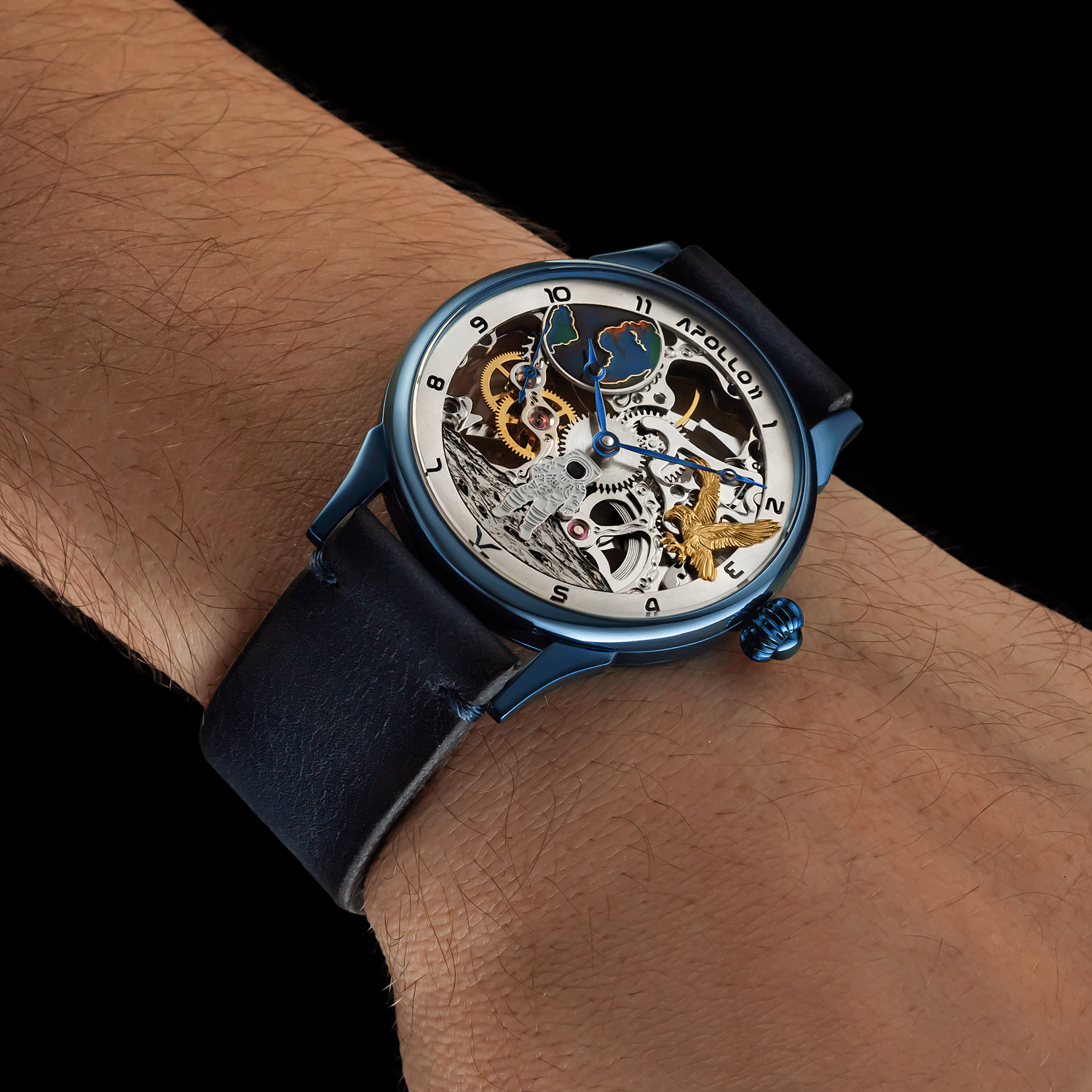 Front view of skeleton watch worn on wrist - Apollo 11 watch