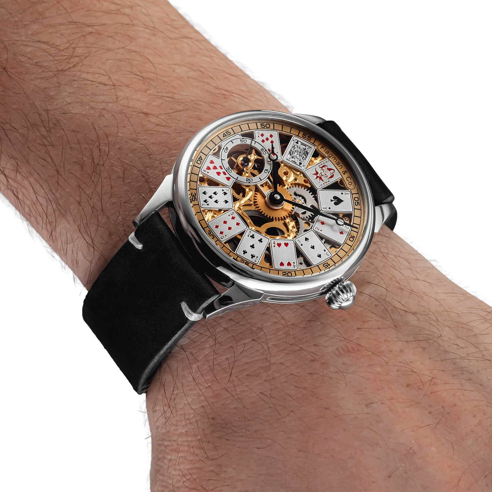 Skeleton watch worn on wrist – handmade style with exposed mechanical movement