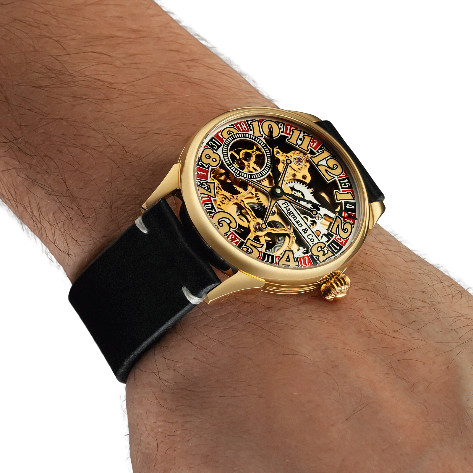 Skeleton watch worn on wrist – handmade style with exposed mechanical movement