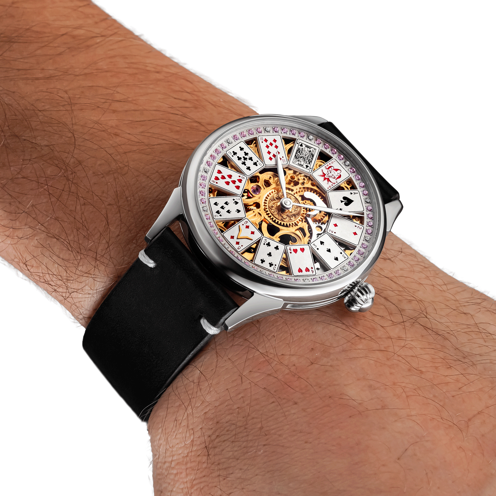 Skeleton luxury watch worn on wrist – handmade style with exposed mechanical movement