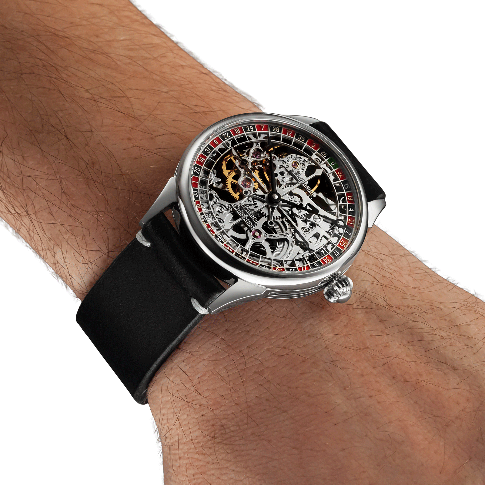 Roulette watch worn on wrist – handmade style with exposed mechanical movement