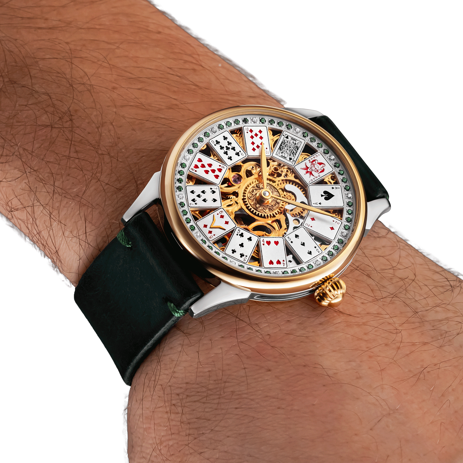 Skeleton luxury watch worn on wrist – handmade style