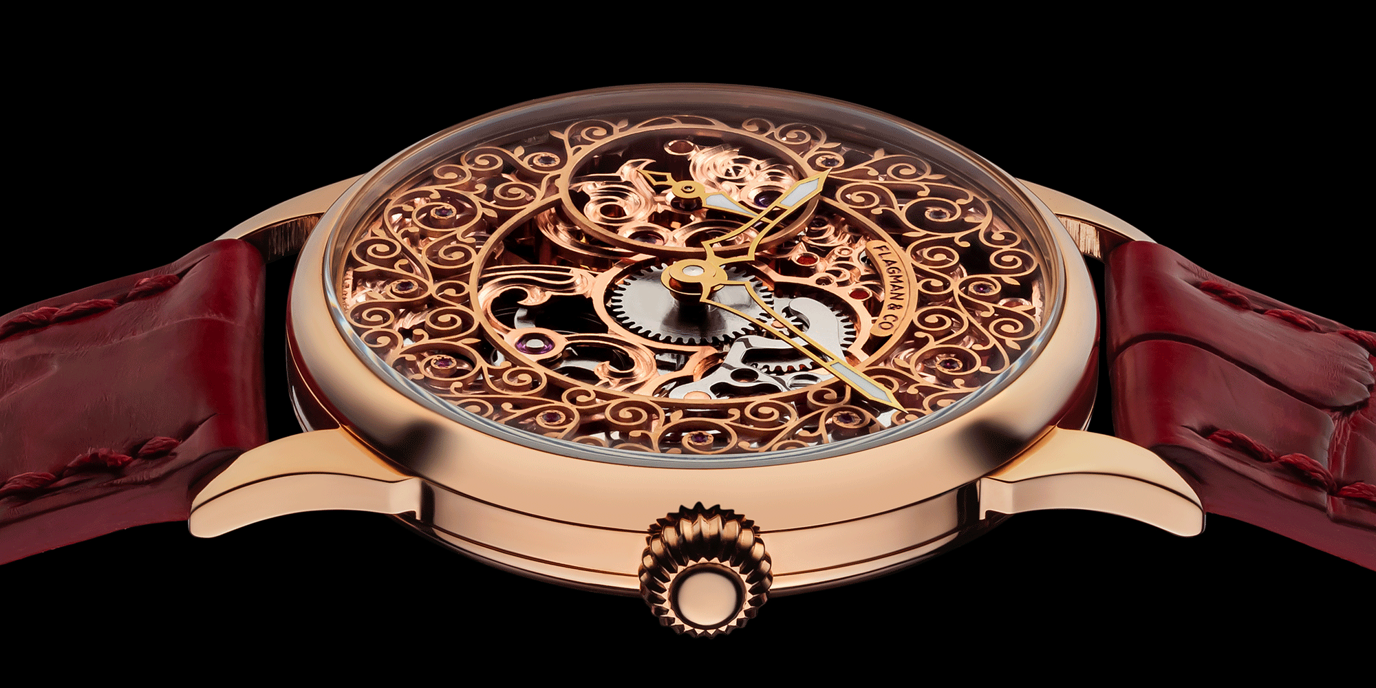 Close-up of mens skeleton mechanical watch crown - Lace