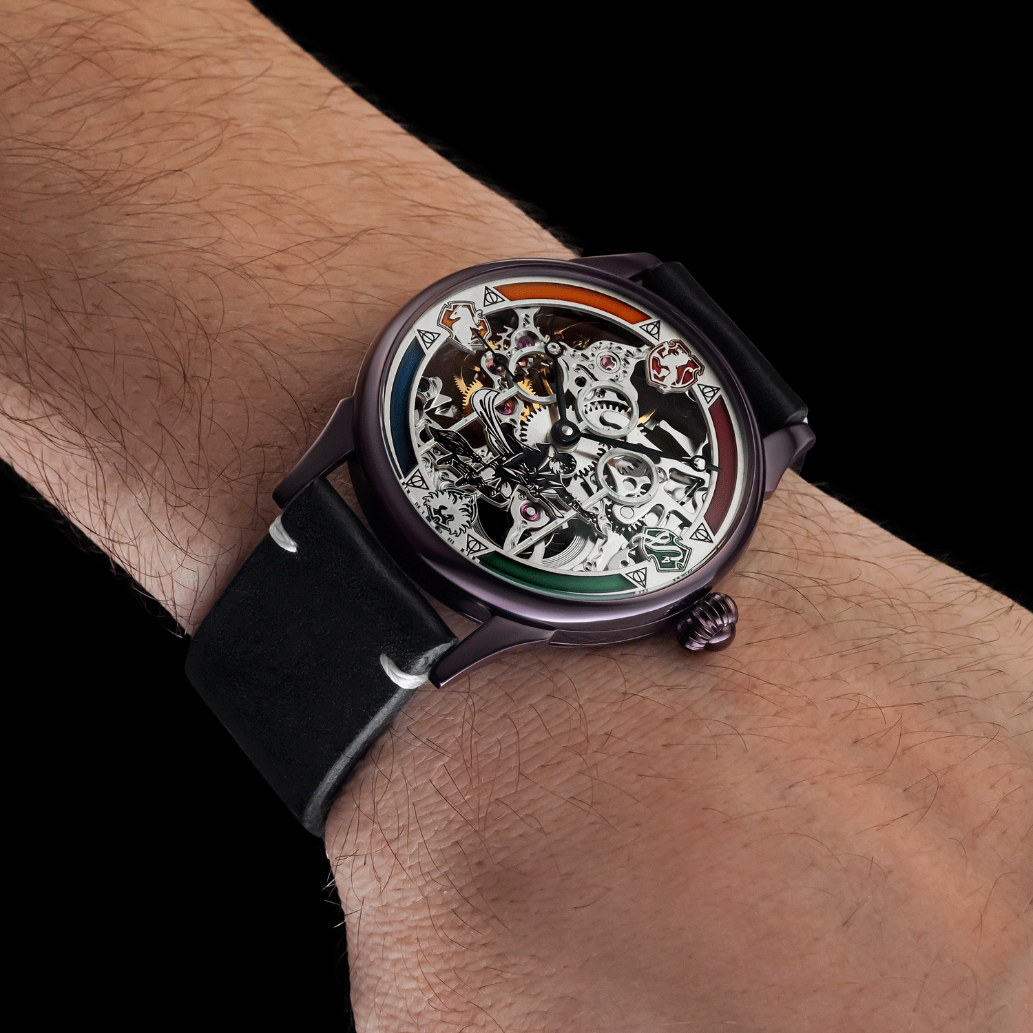 Skeleton Mechanical watch with a black strap on a wrist against a black background