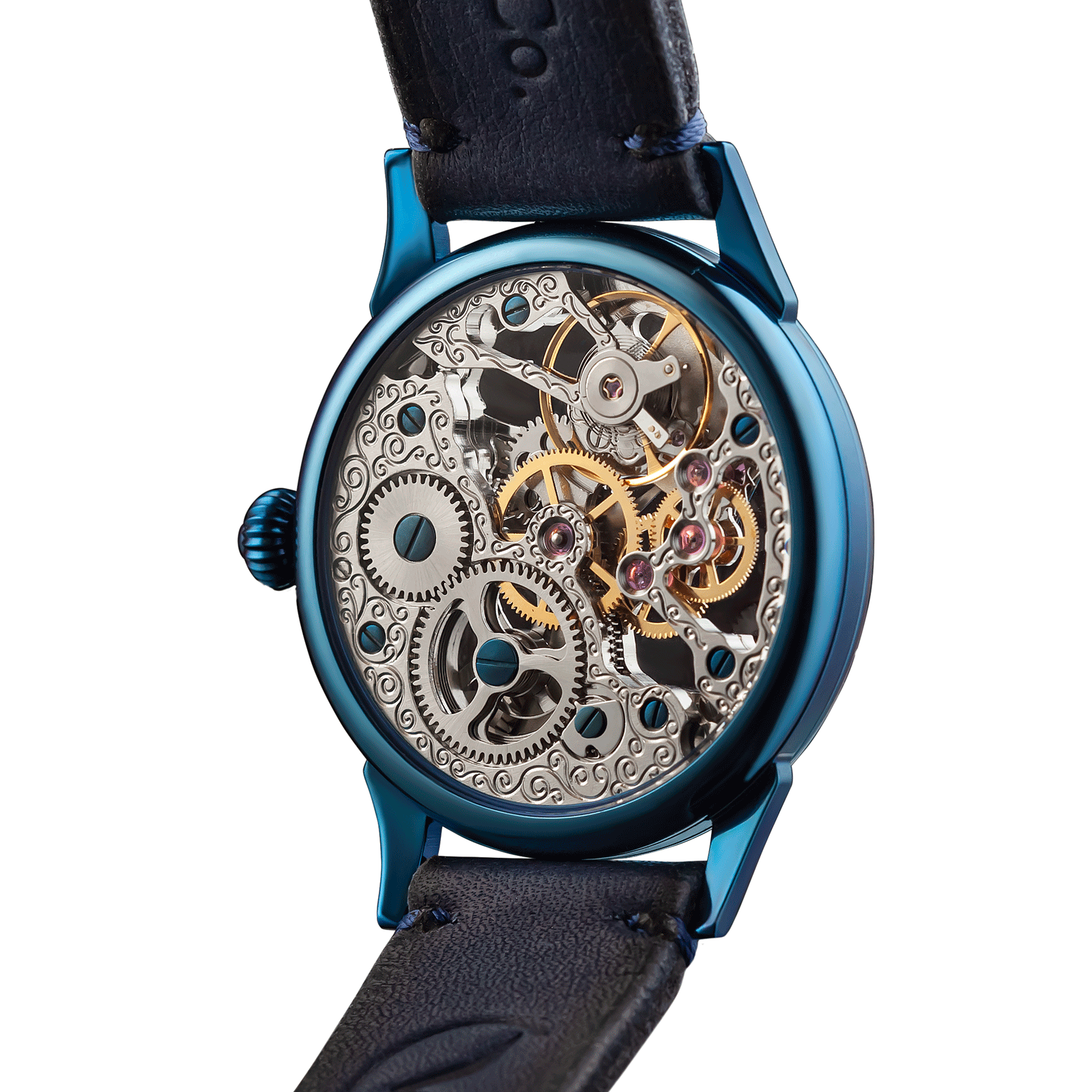 Back view of Moon Skeleton Handmade watch – exposed movement