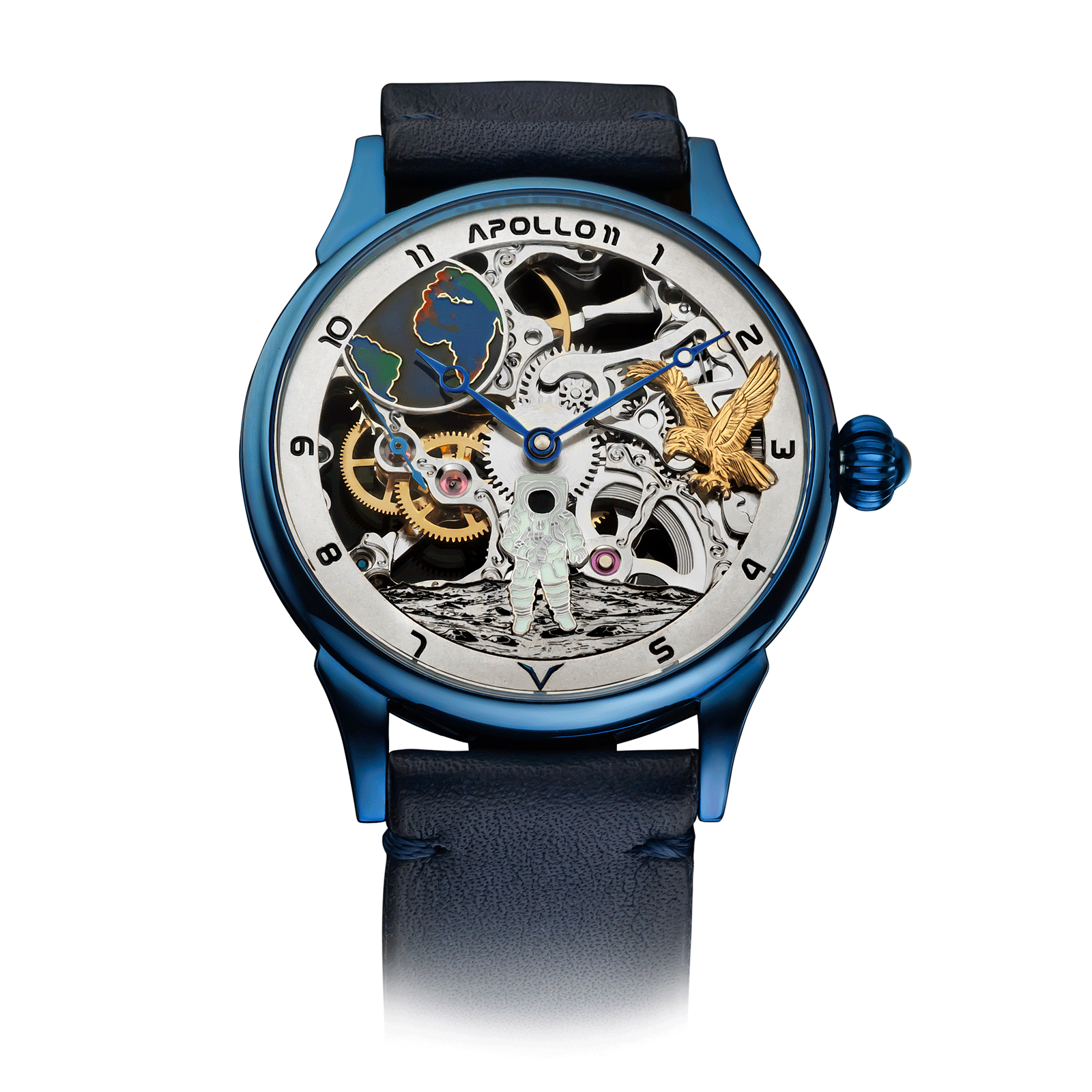 Blue Leather Strap on Moon Skeleton Watch #color_blue