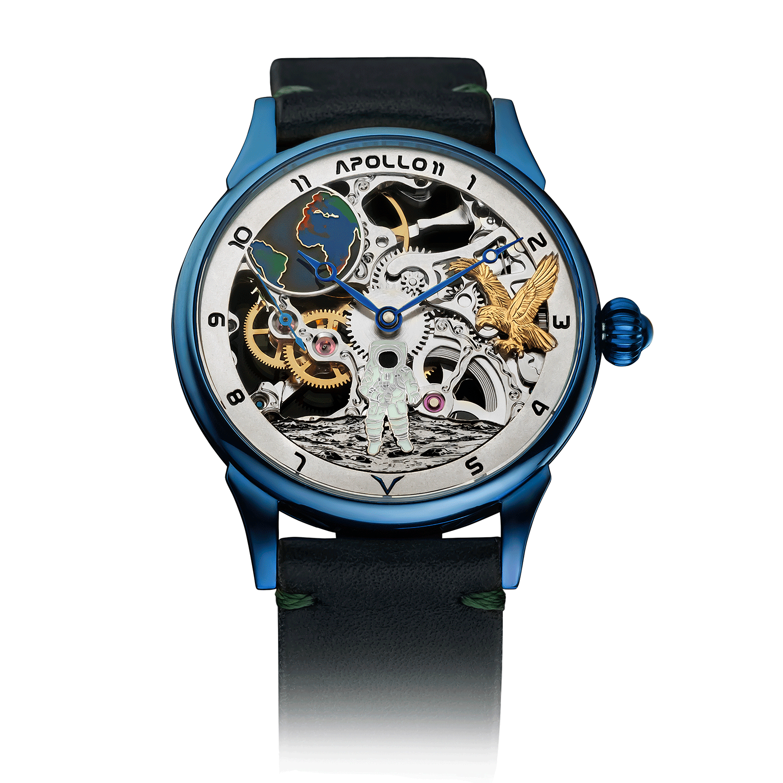 Apollo 11 watch with Green Leather Strap – Skeleton Watch #color_green