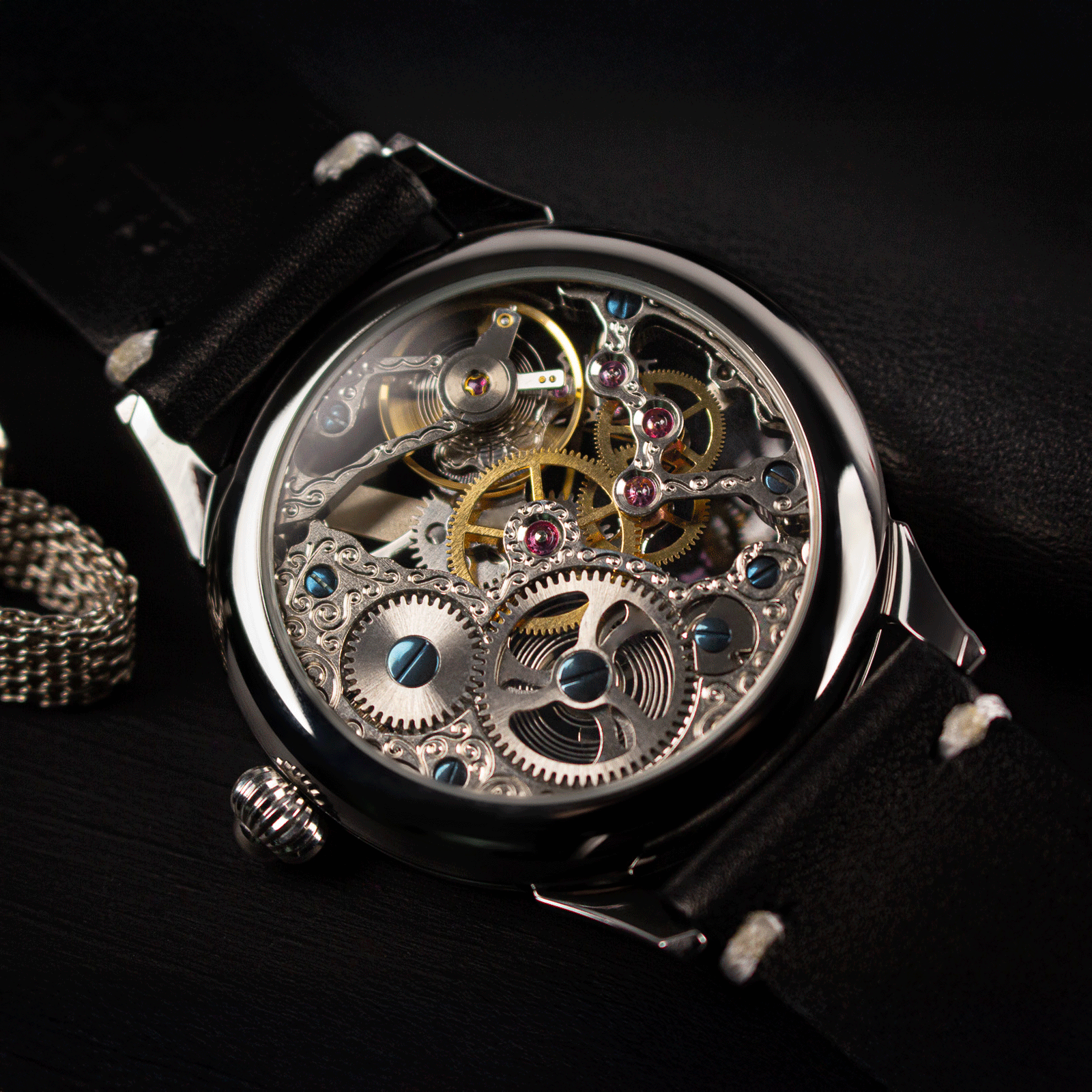 Rear view of Steamfang showing skeleton caseback and manual winding movement