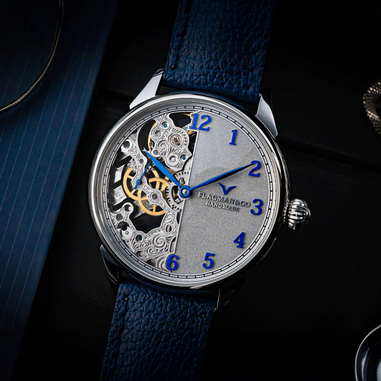 Steampunk-style skeleton watch from the handmade Flagman & Co. collection, with industrial design and visible mechanics