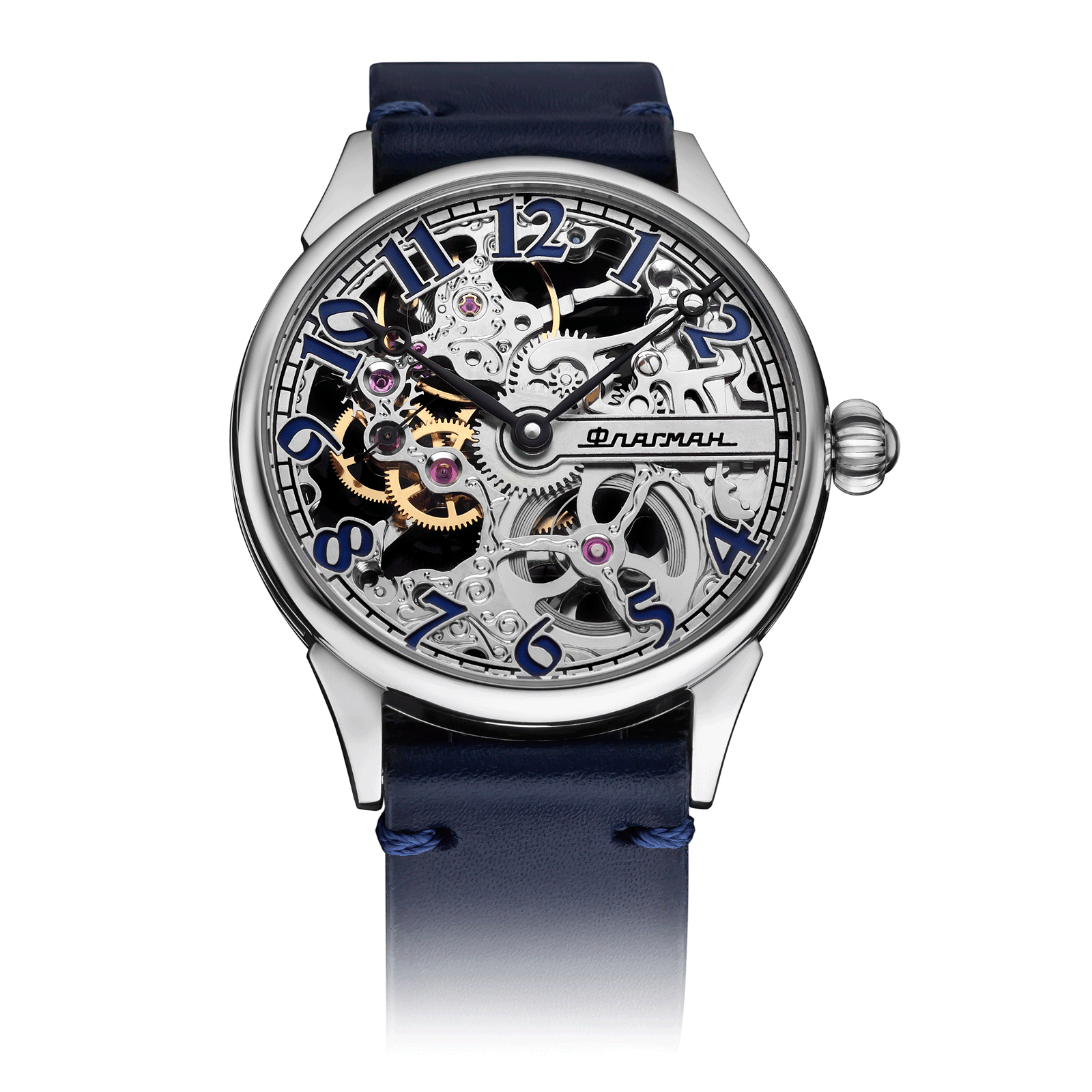 Blue Leather Strap on Skeleton Watch #color_blue