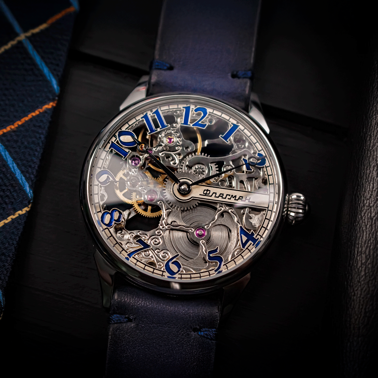 Lifestyle photo of steampunk watch in handmade watch – skeleton watch