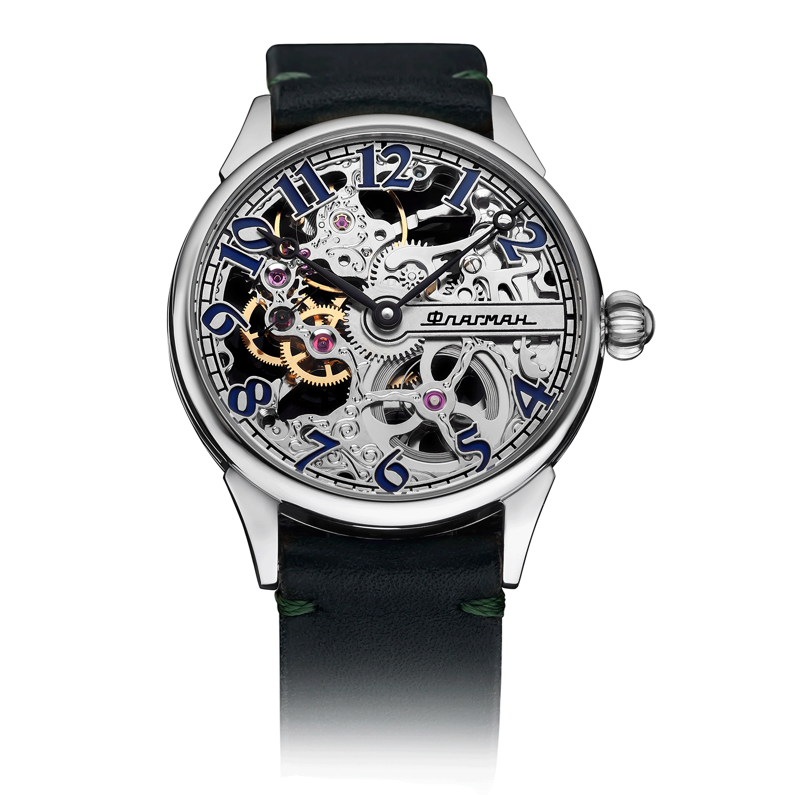 Aether Blue watch with Green Leather Strap – Skeleton Watch #color_green
