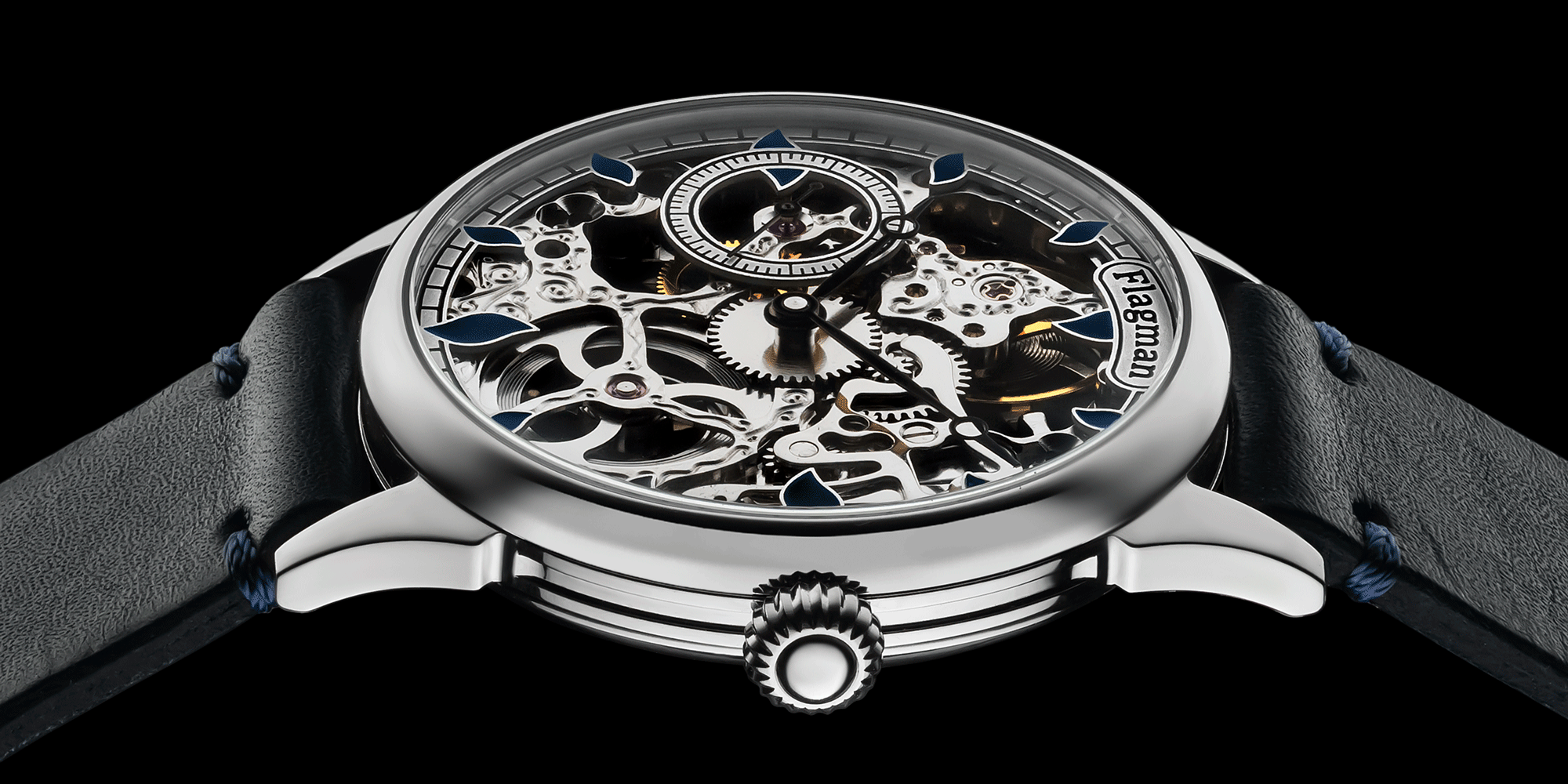 Skeleton wristwatch with intricate design on a black background
