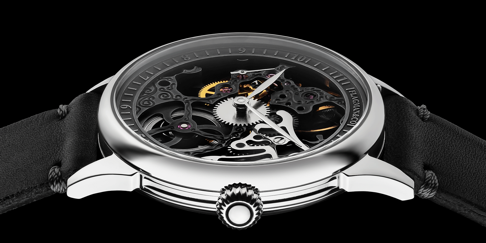 Close-up of skeleton mechanical watch crown