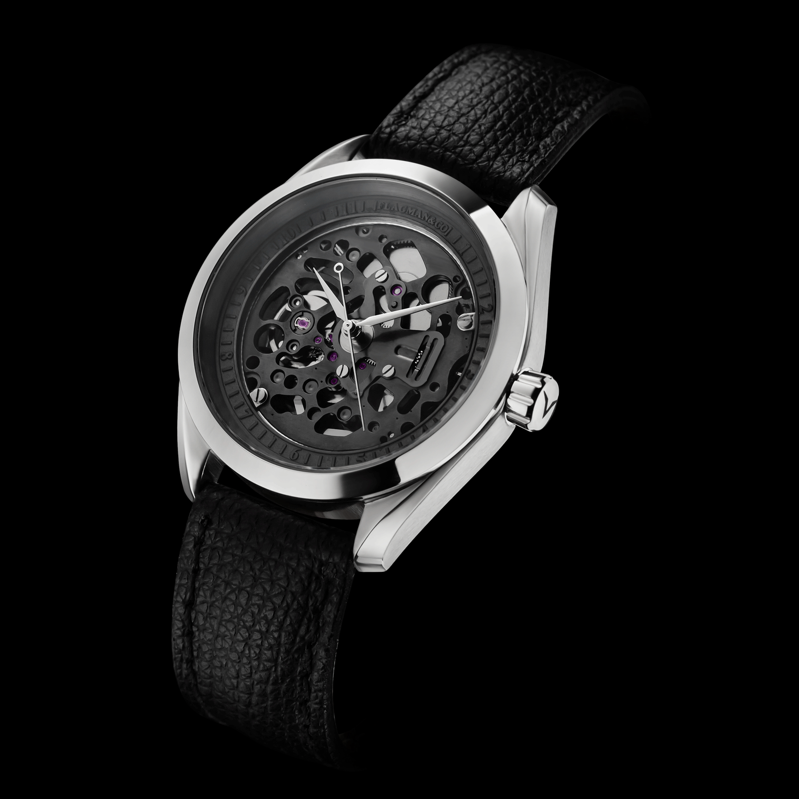 Steampunk wristwatch with a transparent face on a black background