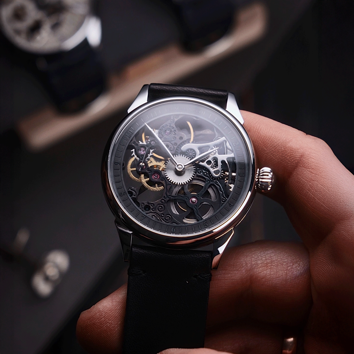 Steampunk skeleton watch from the handmade Flagman & Co. collection, with industrial design and visible mechanics