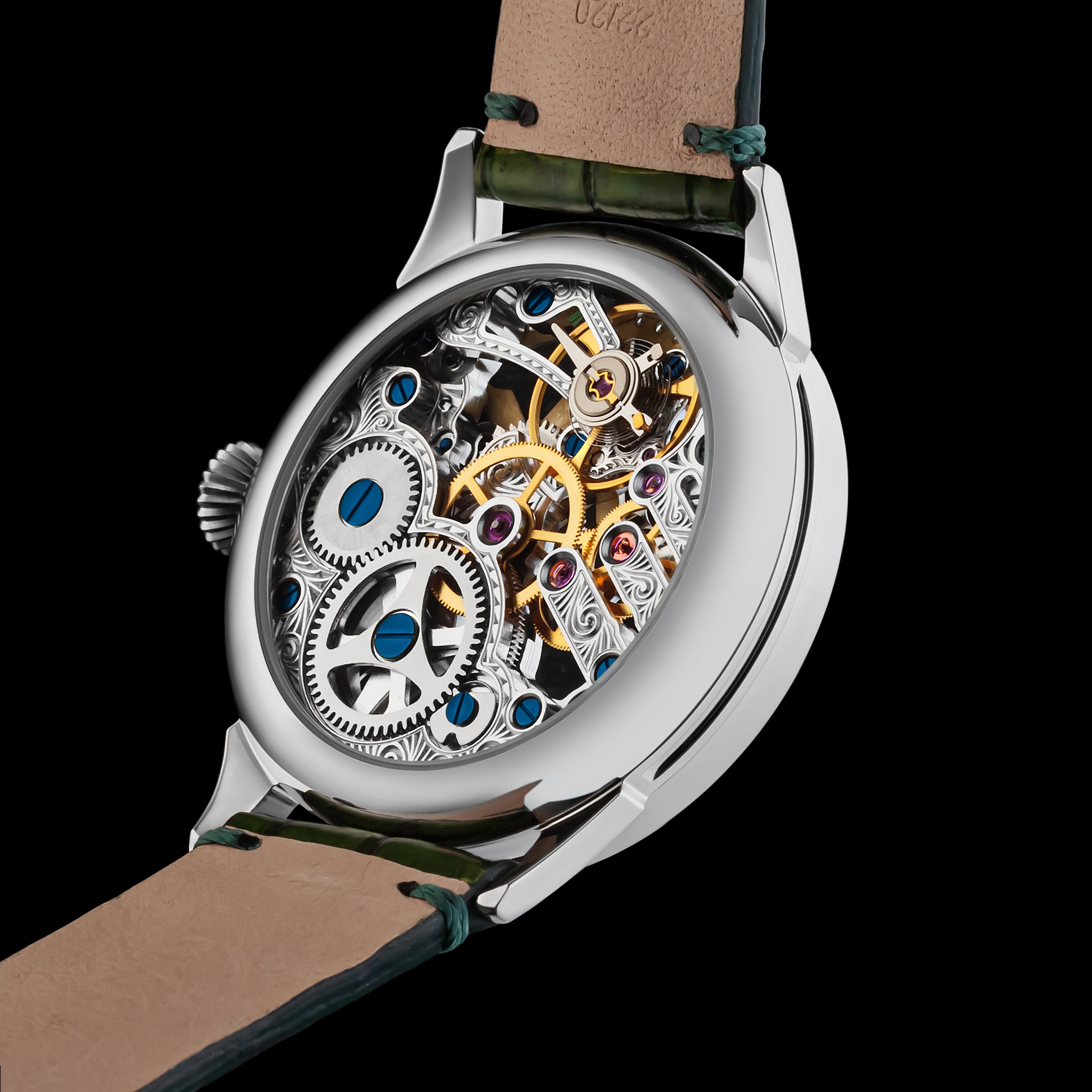 Watch with visible mechanical components on a black background