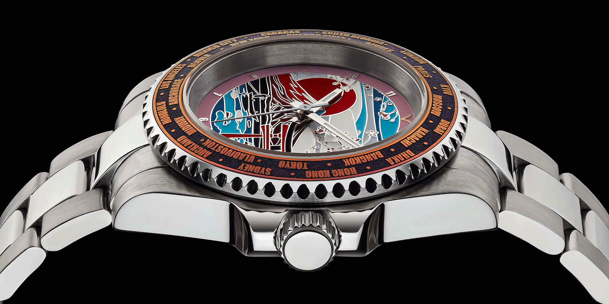 Mechanical watch with a colorful face on a black background