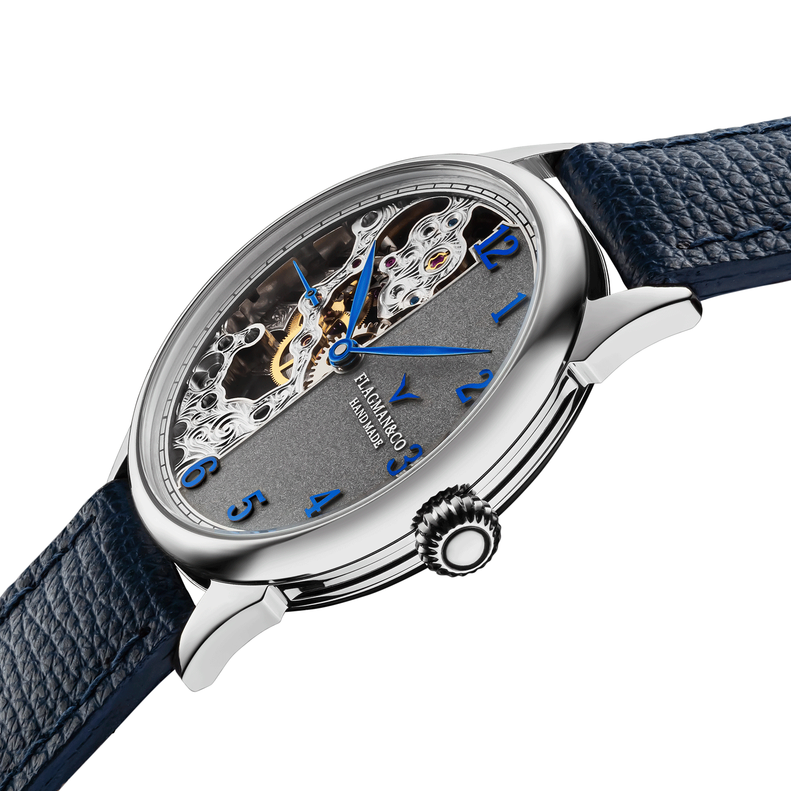 Close-up of Unisex skeleton watch with side crown and detailed case finish - Warp