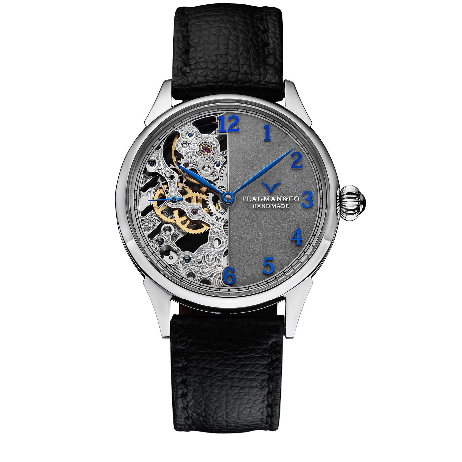 Deep Black Leather Strap on Steampunk Mechanical Watch Warp #color_black