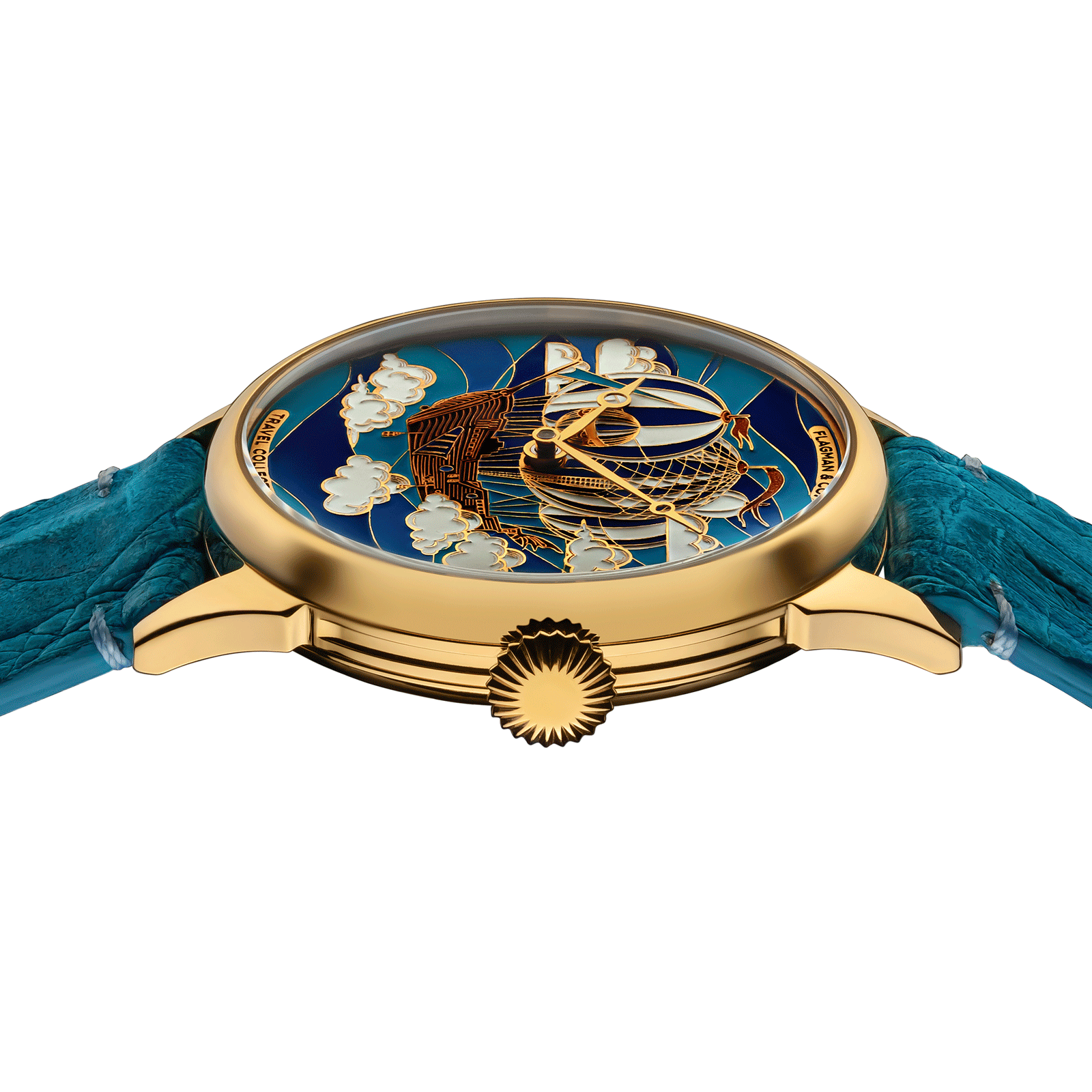 Close-up of Art Deco watch with side crown and detailed case finish - Airship