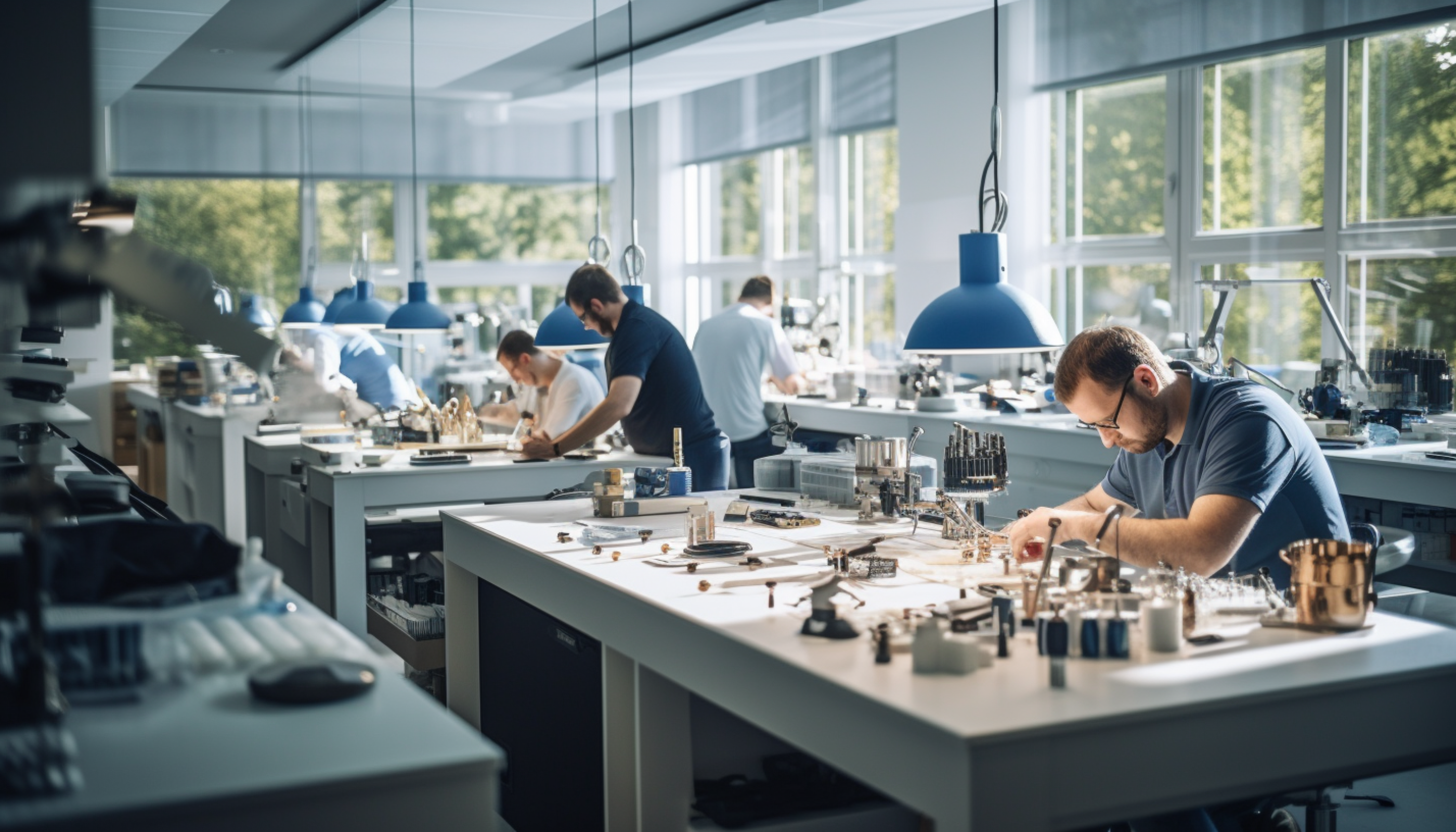 Group of skilled watchmakers working on custom timepieces in the Flagman & Co. office