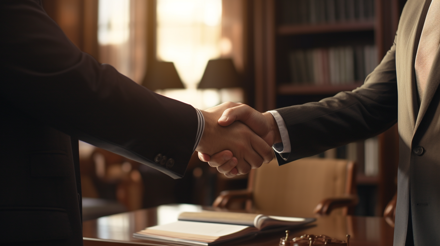 Two watchmakers shaking hands after a successful handmade watch deal at Flagman & Co.