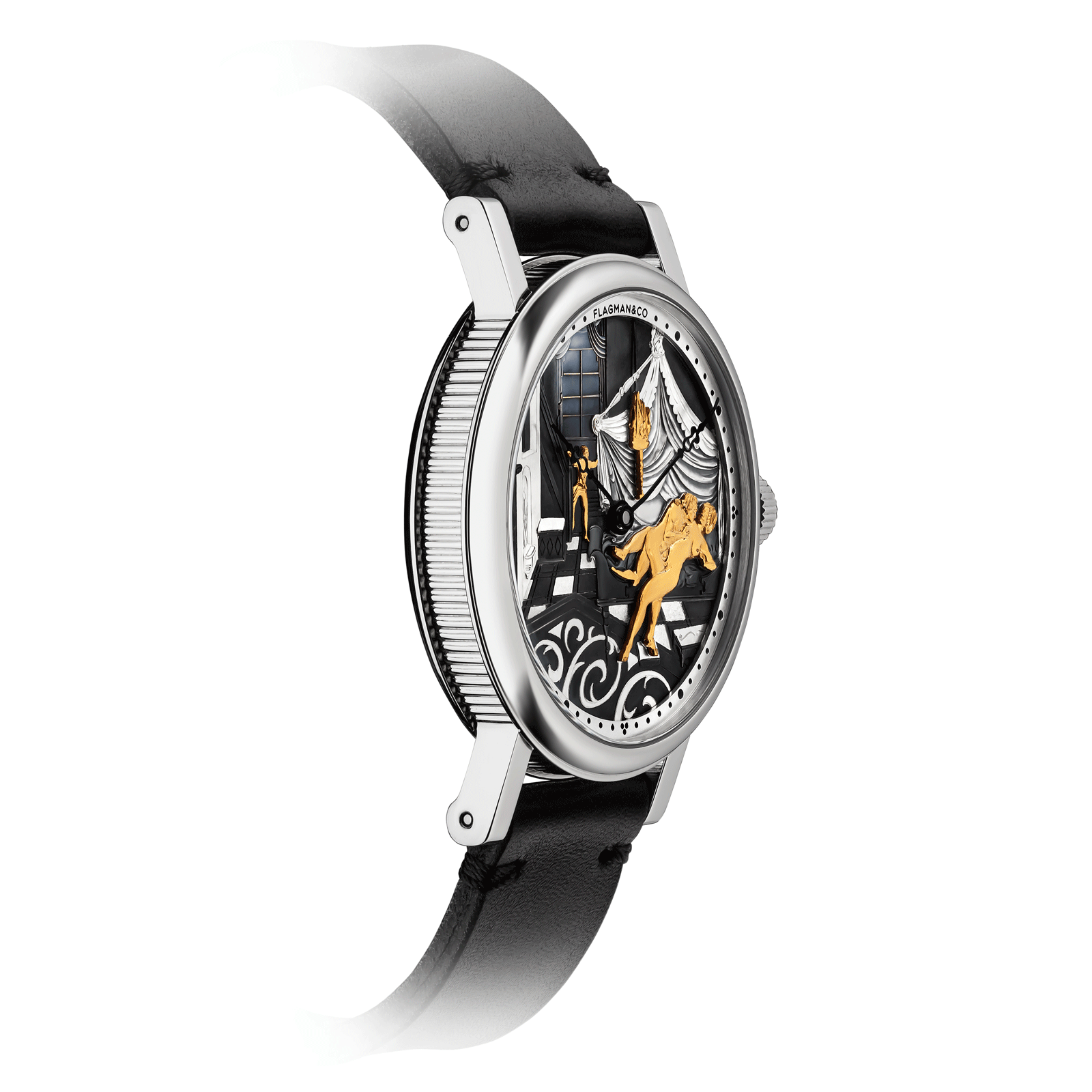 Side view of Adeptness handmade watch with detailed case finish