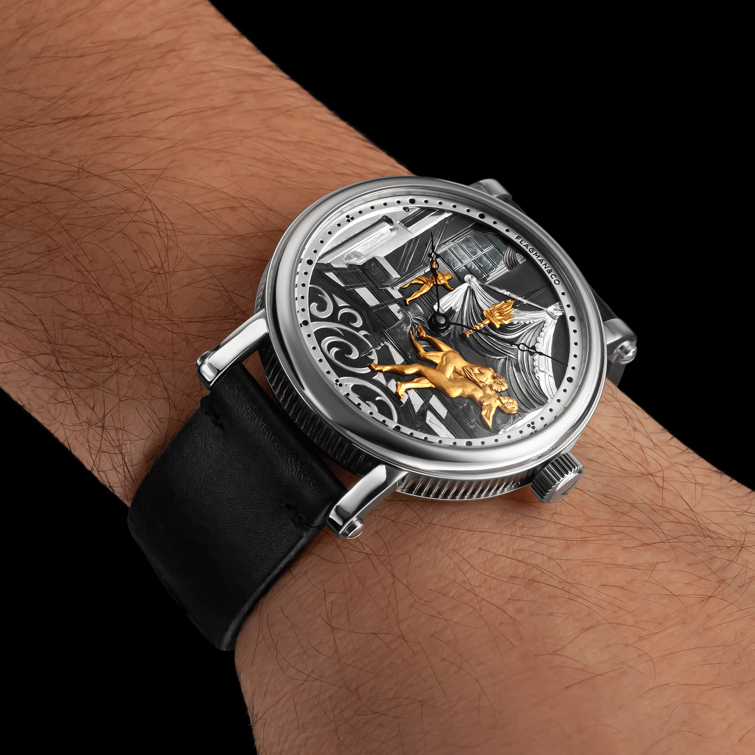 Front View of Adeptness handmade watch worn on mens wrist