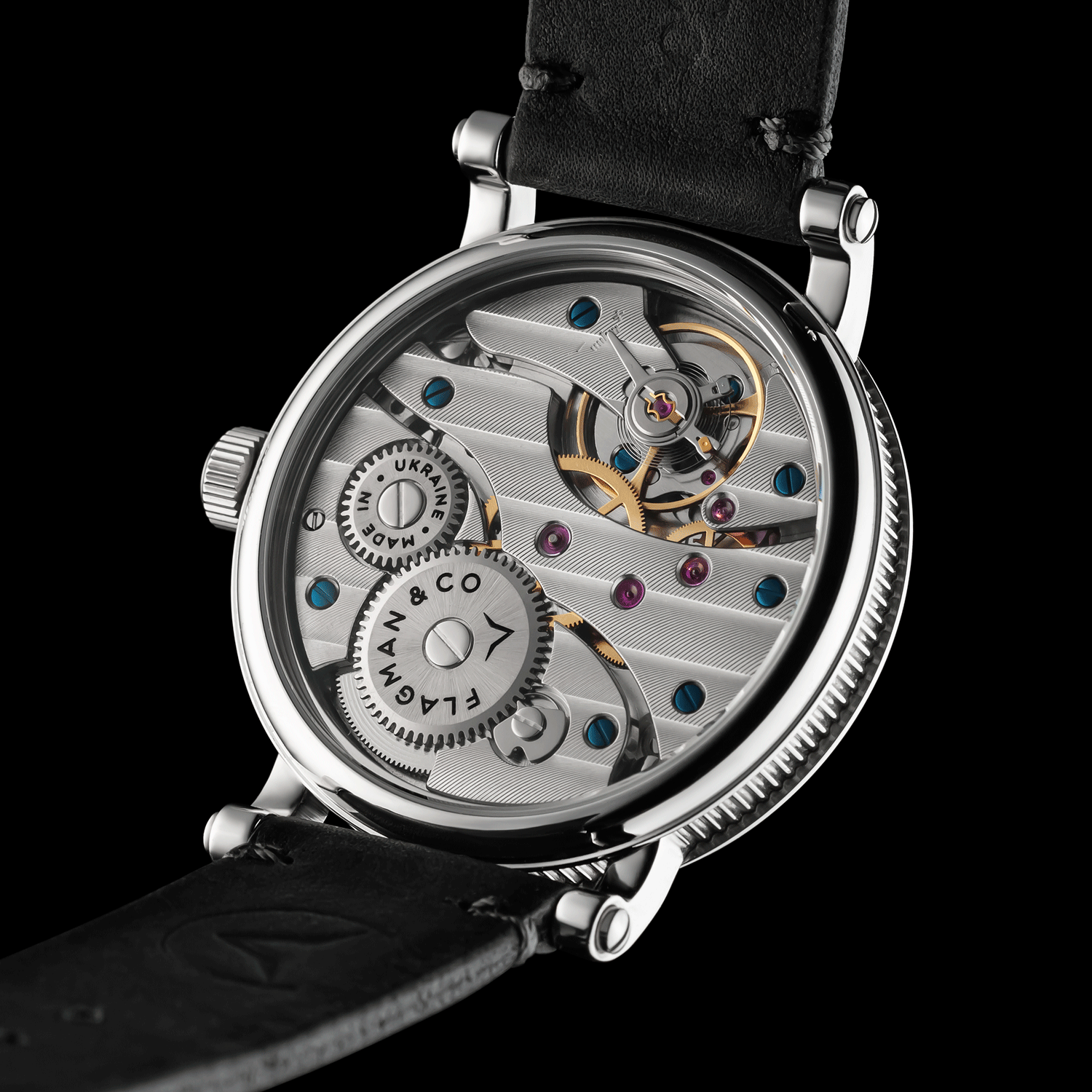 Close-up view of Mens watch Bohemia Gray showing open caseback and movement