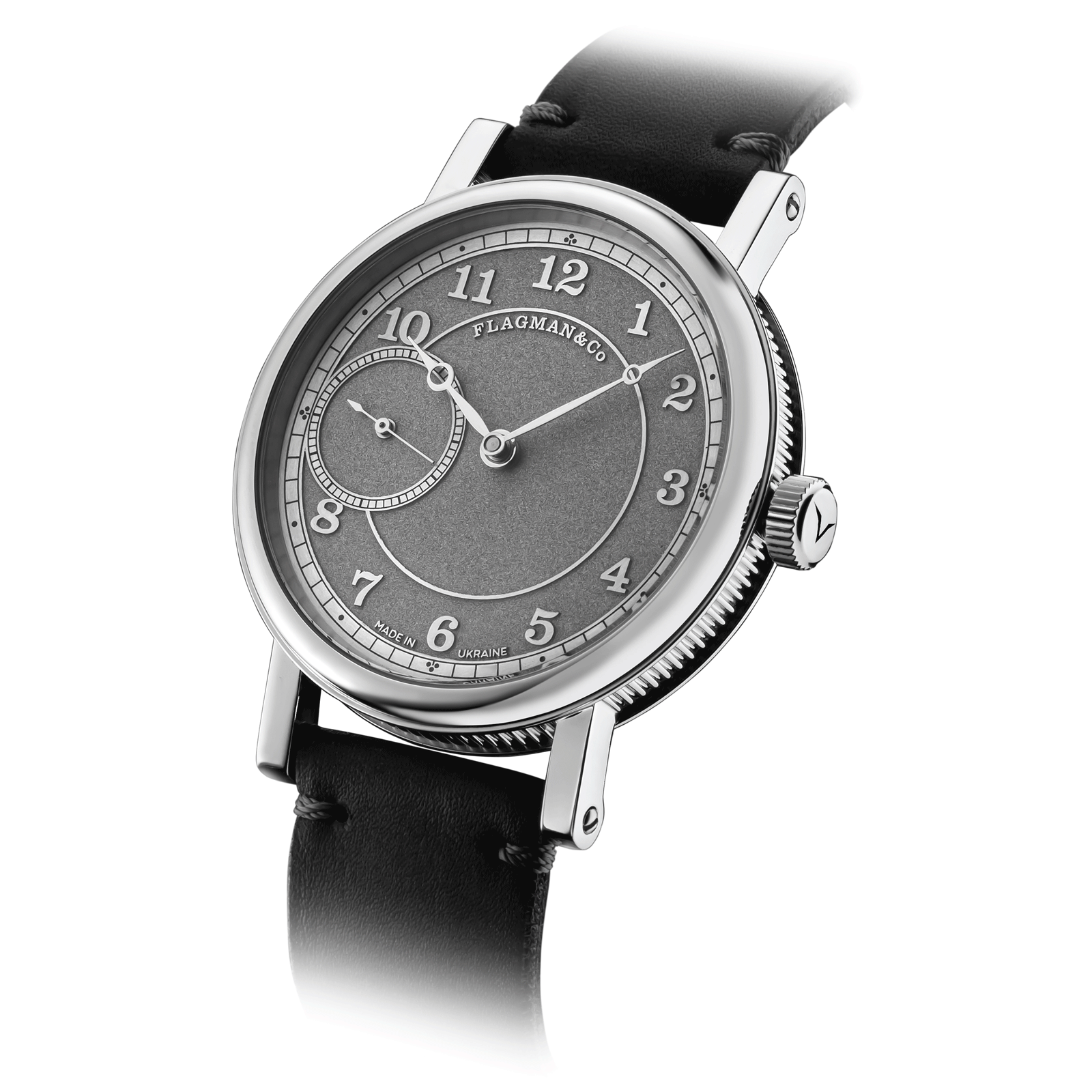 Close-up view of Handmade watch Bohemia, with side crown and detailed case finish