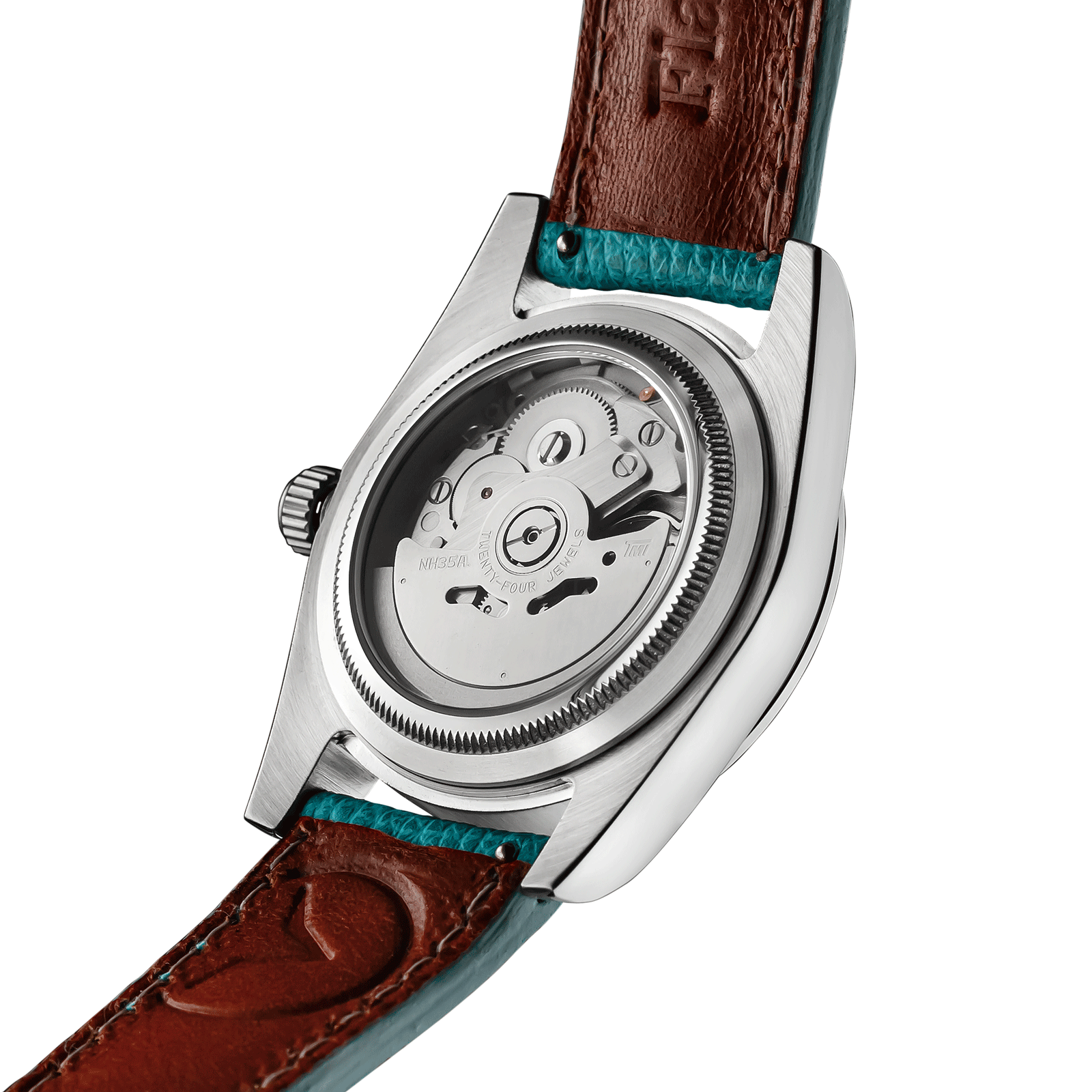Back view of Handmade watch Lumine Azure exposed movement